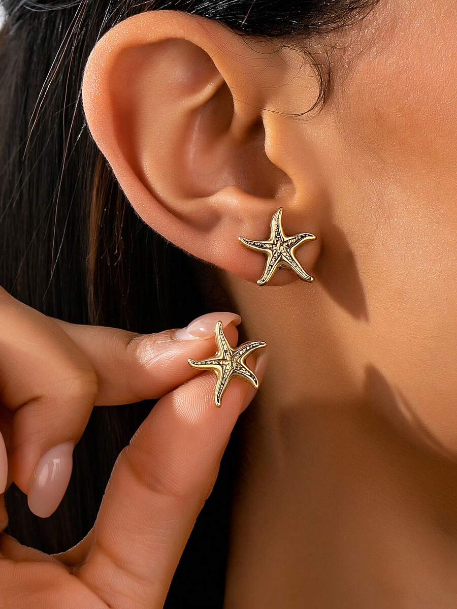 1对几何珍珠海星耳钉，简约实用多功能 - 彩色 - 查看 1