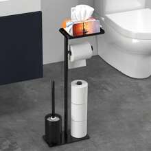 1 pezzo Portarotolo di carta igienica in ferro da appoggio con vassoio di stoccaggio e slot per telefono - montaggio autoadesivo, supporto antitippo per rotoli di carta igienica, accessori per il bagno, organizer per il bagno, di ritorno a scuola