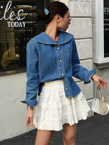 女士平领长袖水手牛仔夹克 - 中等水洗藍 - 查看 2
