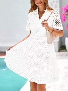 PRETTYGARDEN Women's Summer Elegant Dress V-Neck Hollow Eyelet Ruffle A-Line Hem Short Casual Wedding Graduation Travel Beach Holiday Vacation White Dresses For Women - 白色 - 查看 2