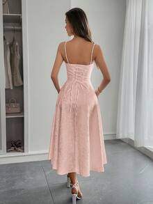Unadoll 女士优雅性感露背褶饰领带、收腰度假约会、毕业季鸡尾酒会、晚宴、提花吊带连衣裙 - 粉色 - 查看 8