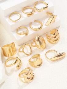 Set de 14/3 piezas de anillos elegantes y retro con textura asimétrica, efecto geométrico y líquido, de banda gruesa y diseño minimalista de metal, adecuados para fiestas, vacaciones, citas, regalos y uso diario