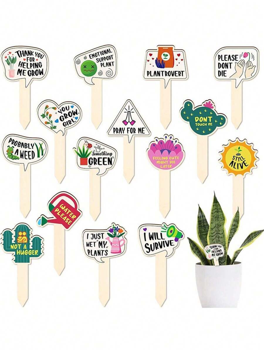 15 个有趣的木制植物标签，花卉绿叶多肉盆栽木制植物标记，春季木制花园标志，适用于室内外植物标记园艺礼物。 - 彩色 - 查看 1