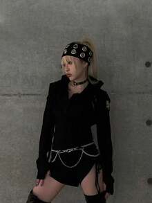 1条女士朋克风金属孔眼柔软弹力宽发带，弹力金属宽边休闲发饰，适合甜美酷炫的街头风，Y2K风格。头巾式发带，秋冬季度假发带，女士优雅围巾，女士头巾，柔软头巾 - 彩色 - 查看 10