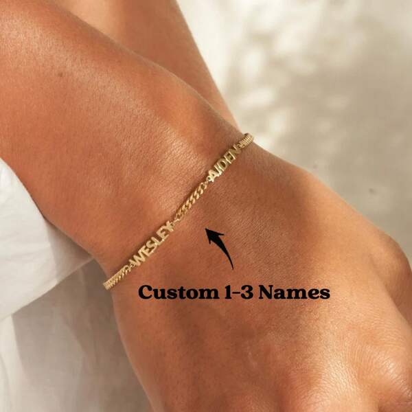 Pulseira personalizada com 1 a 3 nomes e corrente de meio-fio - Pulseira com nome personalizado - Pulseira com nomes para meninas - Joia personalizada, presente para mãe, presente de aniversário para ela, material escolar, presentes para professores, para universidade, para colegas, para dormitórios, para professores, para meninos e meninas, para adolescentes, alunos do ensino fundamental, alunos do ensino fundamental, alunos do ensino médio, alunos do ensino médio, estudantes universitários, calouros, alunos do segundo ano, calouros