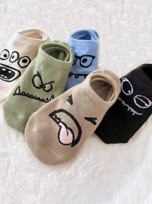 5 Pairs Women Cartoon Expressive Graphic Casual Short Socks, Summer Thin Silicone Anti-Slip Invisible Ankle Socks
