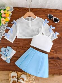 3pcs Baby Girl Girls Elegant Outfit Set - Bowknot Cover Up, Camisole Top, And Pleated Mini Skirt - Blue - View 1