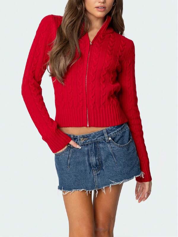 Cárdigan de mujer con cuello alto, manga larga, ajuste slim, diseño corto de punto abierto, informal y versátil, para otoño/invierno