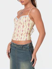 Women Cute Floral Tank Tops Y2k Sleeveless Backless Spaghetti Strap Top Summer V Neck Mini Vest Retro 00s Camisole - Màu vàng - Xem 2