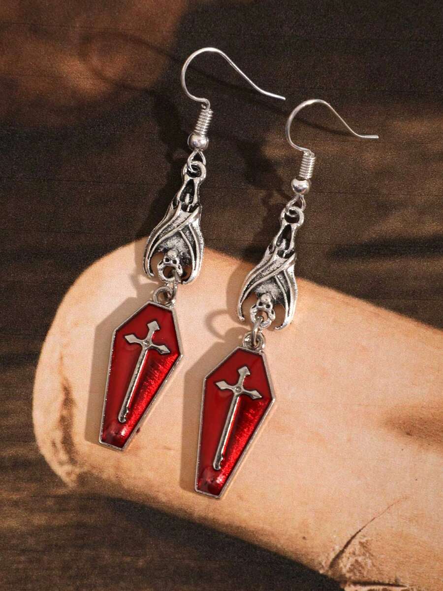 复古哥特式吸血鬼十字架棺材墓碑吊坠耳环，红色滴油创意工艺品，送给女士的礼物 - 銀色 - 查看 1
