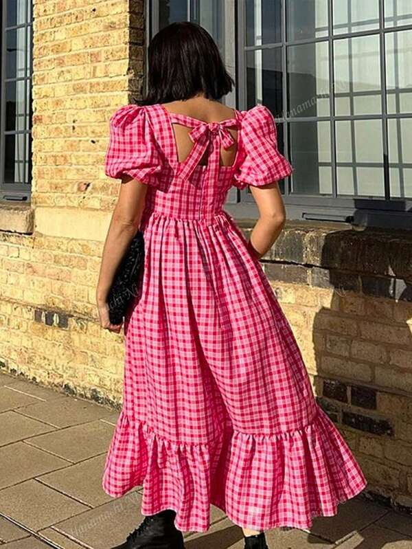 Plaid Print Long Dress With Puff Sleeves, Flare Skirt, Square Neck, Midi Casual Dress, Suitable For Vacation, Travel, Graduation, Party, Spring/Summer
