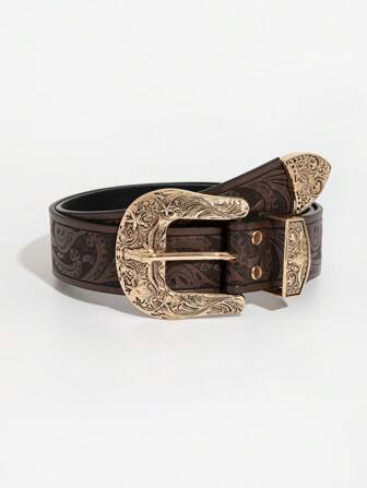 1 pieza Cinturón de estilo occidental vintage de color café con cabeza de toro y dragón en relieve de piel de PU, adecuado para uso diario en verano, escuela en otoño, otoño y Halloween