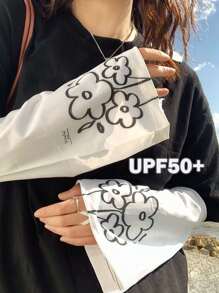 1 paire de manchettes de protection contre le soleil avec imprimé floral et champignon. Style été frais, mignon et cool pour filles. Manches longues imprimées mignonnes et décontractées, convenant à un usage quotidien/sport extérieur avec protection UV. Adapté aux étudiantes, au cyclisme, couvre-bras en soie de glace blanche.