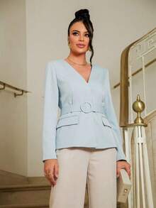 Women's Slim Blazer/ With Belt/ Fake Pockets - Blue - View 4