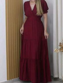 Luxury Short Sleeve Evangelical Dress Simple Casual Elegant Fabric Ruffle Backless / Backless Tie Up Wedding Summer Winter - 酒紅色 - 查看 2