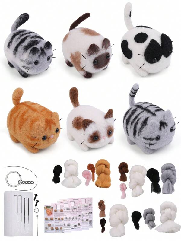 1 Conjunto Kit DIY de Feltro de Lã com Tema de Gato para Iniciantes, Inclui Materiais de Lã, Acessórios Básicos e Instruções para Fazer Manualmente Brinquedos e Decorações de Feltro