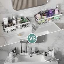 6件套淋浴架，浴室淋浴收纳架，黑色淋浴架，适用于室内淋浴间，不锈钢壁架篮，粘贴式安装篮、收纳箱和容器，开学季适用 - 銀色 - 查看 8