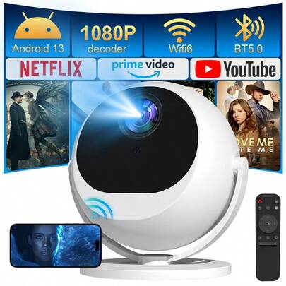 XBJ 2025 New Release Bluetooth 5.0Projector | Android 13.0 Globe-Themed Projector 1080P HD Resolution • Auto Keystone Correction • Mini And Stylish Projector Perfect For Bedroom Movie Nights, Binge-Watching, Work Meetings & Outdoor Gatherings