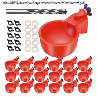 18pcs Automatic Self-Filling Chicken Waterer Cups - Easy Installation, Drill Bit Included, Complete Holders And Kit For Poultry, Ducks, And Birds - Space-Saving, Time-Efficient, And Hygienic Feeding Solution