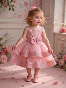 女婴纯色亮片网纱蝴蝶结薄纱蛋糕裙无袖可爱花童派对礼服，不含头饰