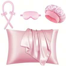 6pcs Sleep Hairstyling Tool Set, Including 1pc Hair Curler, 1pc Silk Pillowcase, 1pc Soft Sleep Eye Mask, 2pcs Hair Scrunchies, 1pc Sleep Cap, Suitable For Hair And Skin Care, Silk Heat-Free Curler Set, Overnight Hair Curler