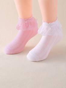 6 Pairs Children Lace Trim Mid-Calf Socks, Girls White Dance Socks, All Season