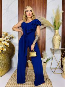 Palazzo o Jumpsuit /mono de tirantes asimétricos con escarolas  Liso  Elegante  Casual  Tela  Cinturón    Unitalla y curvy  Diario - Azul Rey - Ver 8
