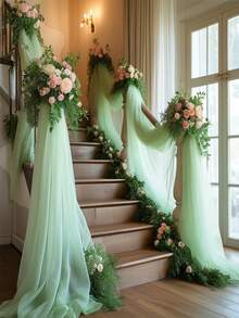 1 pièce Rideau en mousseline romantique pour mariage, décoration de fête de mariage en extérieur, rideau pour arche de mariage et chaise, convient pour la cérémonie de mariage, la douche nuptiale et la décoration de fête à thème - vert clair - Voir 3