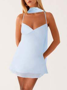 Women Y2k Floral Mini Dress Flower Halter Sheer Mesh Tie Back Short Dresses Summer Party Dress With Scarf - 淺藍色 - 查看 2