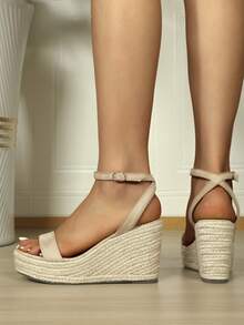 Women's Chunky Platform Wedge Sandals, Retro Woven Slip-On Mules With Ankle Strap, Bohemian Summer Vacation High Heel Shoes - Apricot - View 3