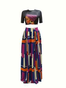 Graphic Crop Top & Color Block Slit Skirt Set - Nhiều màu - Xem 4