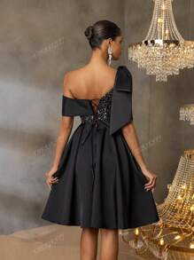 Faeriesty Luxury Sequined A-Line Asymmetrical Neck Bow Dress - Spring/Summer Formal Wear For Weddings, Private Parties & Galas, Party Dress, For Cocktail