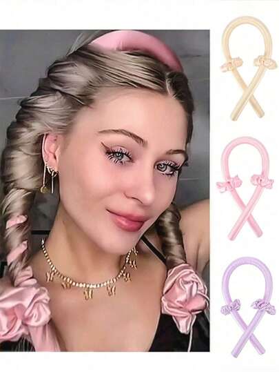 3pcs/Set Heatless Curling Rod Headband, Heatless Hair Curler No Heat Hair Curlers, Silk Curls Ribbon, Sleeping Soft Sponge Headband, Sleep Hair Curler Set, For Women Long Hair Styling Tools, Slouchy Hair Curlers Styling Tools (Pink) ﻿ Home Bathroom Decor Fall Decor Back To School Hair Accessories