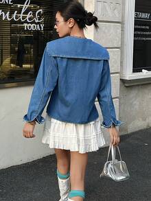 女士平领长袖水手牛仔夹克 - 中等水洗藍 - 查看 7