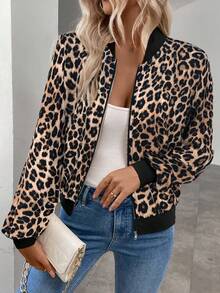 Keke Bloomly Women's Lightweight Long Sleeve Zip-Up Casual Leopard Print Baseball Jacket, Fashionable Regular Fit Spring - Rust Brown - View 6