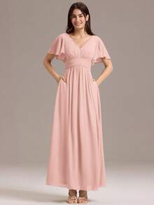 Summer Elegant Solid V-Neck Ruched Draped Chiffon Maxi Formal Pink Bridesmaid Dresses Wedding Guest Dress For Wedding - Pink - View 1
