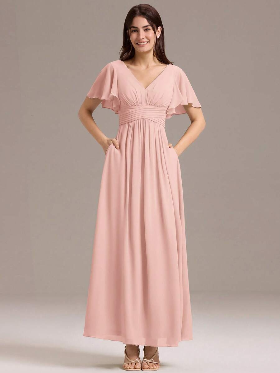 Summer Elegant Solid V-Neck Ruched Draped Chiffon Maxi Formal Pink Bridesmaid Dresses Wedding Guest Dress For Wedding - Pink - View 1
