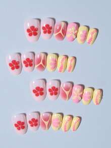 24 件短椭圆形 3D 凝胶指甲制作花朵指甲设计法式亚克力按压指甲短完美贴合假指甲套装，包括：1 件果冻胶和 1 件指甲锉，易于佩戴夏季指甲和法式尖头按压指甲艺术，适合女性和女孩日常生活狂欢派对使用