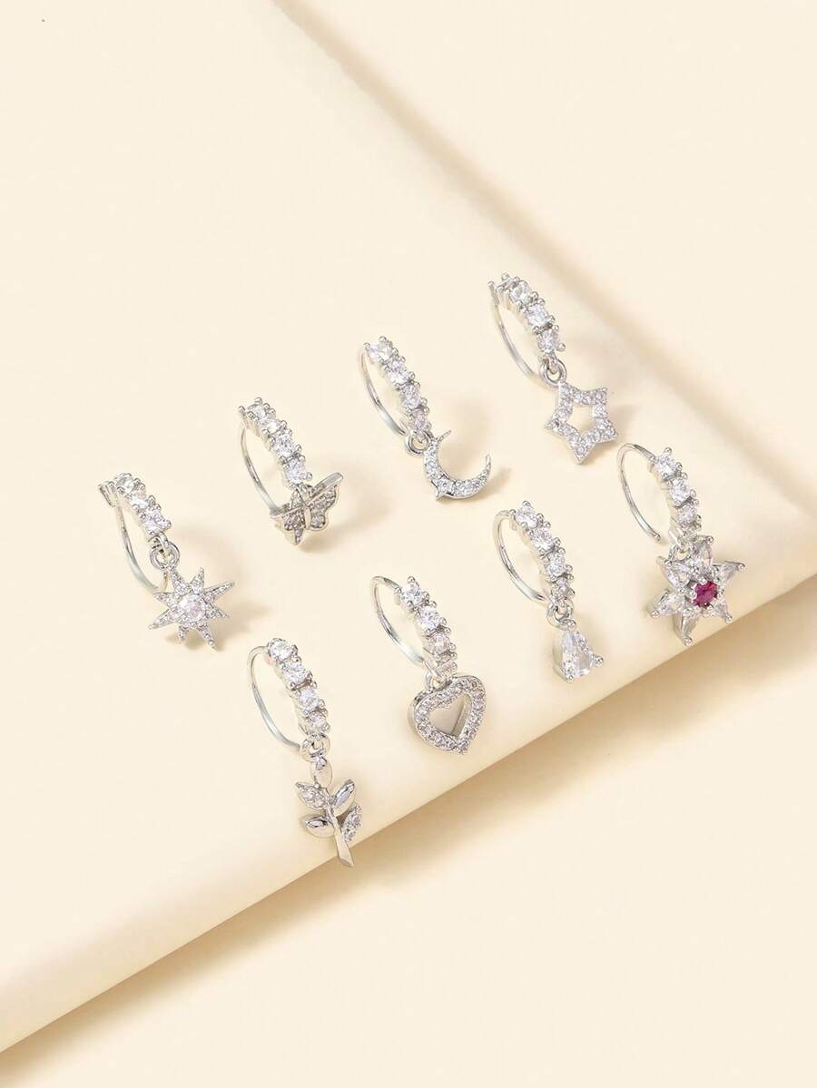 8Pcs/Set Dangle Nose Rings Hoop Butterfly Heart Moon Flower Cross Star CZ Cartilage Earring Dangling Nose Body Piercing Jewelry 20G