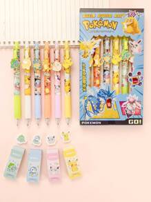 pokemon 6Pcs New Pokémon Pikachu Ballpoint Pen And Sub Mother Eraser Students Less Crumbs Clean And Do Not Leave Marks Cute Pikachu Student Gift A Variety Of Cartoon Patterns Stationery Student Back To School