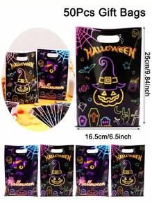 10/20/50pcs Fluorescent Halloween Gift Bags With Handle - Glow-In-The-Dark Cat & Pumpkin Pattern Party Favors For Happy Halloween Decorations 2025, Edgy Gothic Decor & Bulk Trick Or Treat Packaging