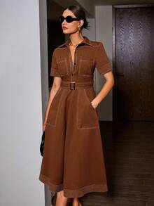Sollinarry 女式春夏牛仔风格领口撞色纽扣前袋系带休闲短袖连衣裙，复古风格，女士教师装 - 棕色 - 查看 1