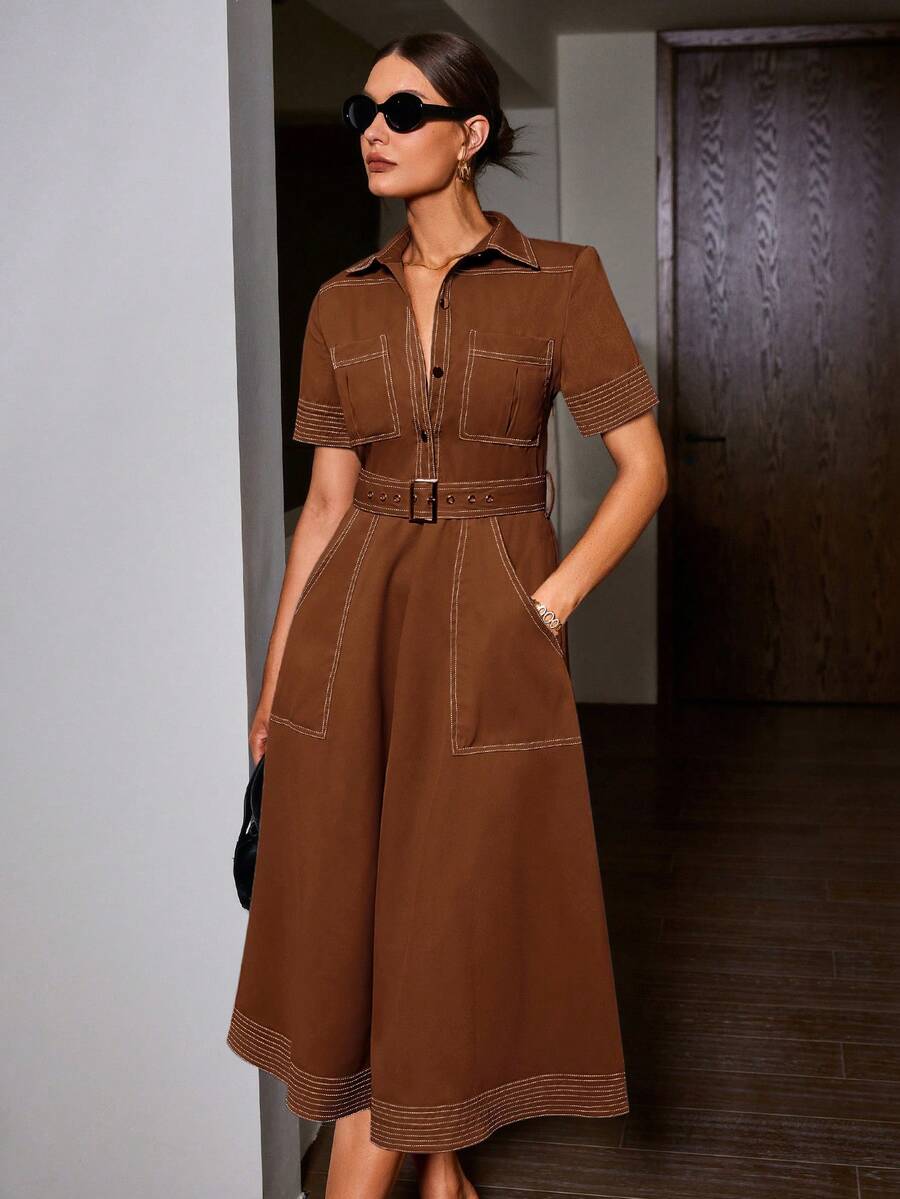 Sollinarry 女式春夏牛仔风格领口撞色纽扣前袋系带休闲短袖连衣裙，复古风格，女士教师装 - 棕色 - 查看 1