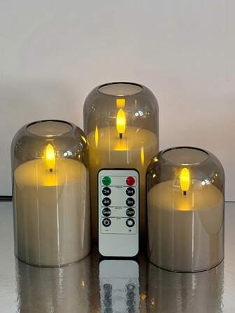 Juego de 3 velas LED sin llama, velas de acrílico con baterías, con control remoto y función de temporizador, blanco cálido, 300 horas de duración, efecto parpadeante, brillo ajustable, adecuado para decoración del hogar, bodas, fiestas, celebraciones, estilo granja, regalo