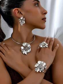 Nuevo conjunto de joyas de moda con brazalete de metal con diseño de flor, anillo, collar, aretes y broche, juego de accesorios - conjunto de joyas - Ver 2