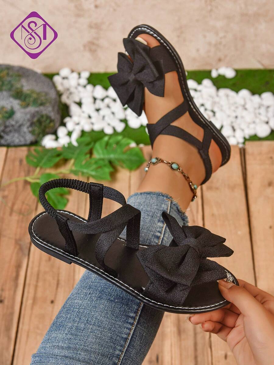 女士平底凉鞋,时尚宽楦,饰有奢华蝴蝶结,轻便百搭,适合夏季日常穿着、派对和户外活动 - 黑色 - 查看 1