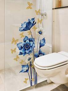 现代蓝白花卉墙贴，带金色蝴蝶贴花，PVC 自粘式可移除墙贴，适用于客厅和卧室房间装饰家居装饰贴纸墙面装饰墙贴