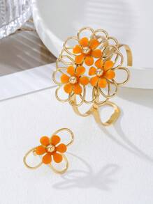 1 Set de joyería con flor en color vino tinto brillante para mujer, anillo y pulsera populares para fiestas y fotografía callejera