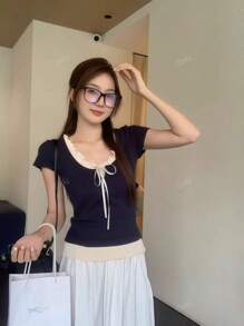 Summer Tie-Up Color Block 2 In 1 Short Sleeve T-Shirt, Design Details, Ruffle Hem, Slim Fit, Textured Ladies Top