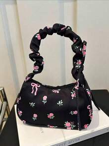 Nouveau sac bandoulière à imprimé floral printemps/été avec ruban et décoration de nœud, sac à épaule léger en polyester, convient pour les trajets et les voyages, noir et blanc avec motif floral rose